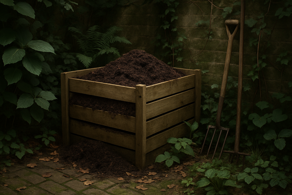 Wooden compost bin in a leafy garden corner, filled with dark compost and surrounded by healthy plants and fallen leaves.