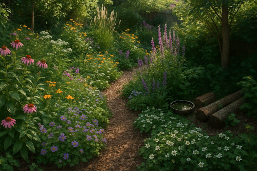 Layered ecological garden with mulched path, dense perennials, flowering groundcovers, and a small wildlife corner with logs and water dish.
