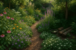 Layered ecological garden with mulched path, dense perennials, flowering groundcovers, and a small wildlife corner with logs and water dish.