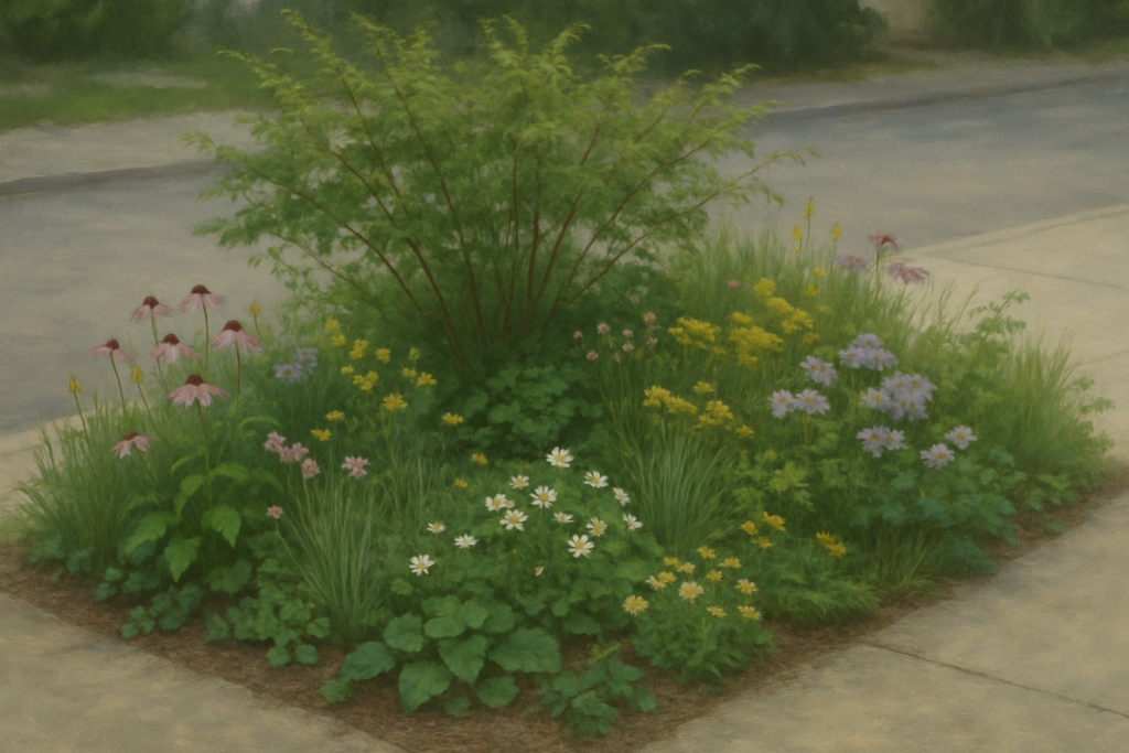 Layered native plants forming a small garden guild around a central shrub, with flowers, groundcovers and grasses creating a dense living tapestry.