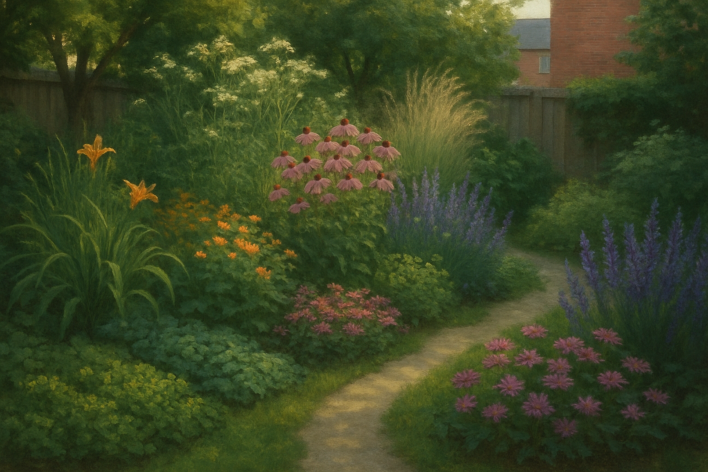 Layered perennial garden with tall flowers, mid-height blooms and low groundcovers edging a curving path in soft afternoon light.