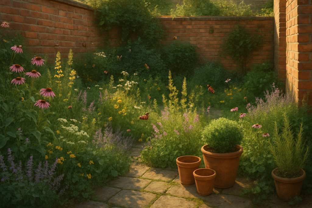 Lush urban courtyard garden with flowering plants attracting bees and butterflies in soft afternoon light.