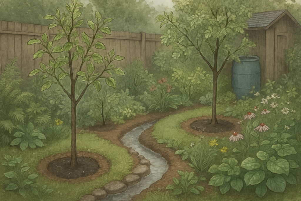 Rain-ready urban garden showing shallow swales, mulched basins around plants and a rain barrel capturing water beside a small shed.