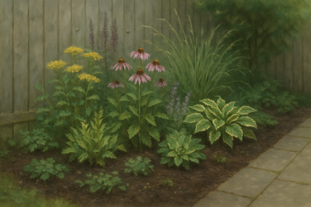 A freshly planted layered garden bed in a small urban garden, with mulched soil and a mix of young perennials, grasses and groundcovers creating a lush, climate‑smart planting.