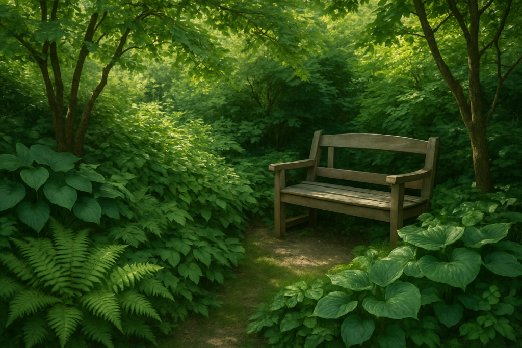 Shady garden sanctuary with layered foliage planting and a small wooden bench under dappled tree canopy.