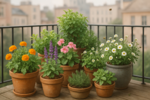 Lush container garden on a small urban balcony with diverse plants in grouped pots creating a mini ecosystem.