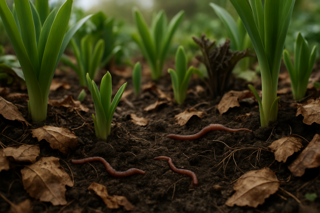 Living garden soil under a layer of leaf mulch with emerging plants and visible earthworms in soft daylight.