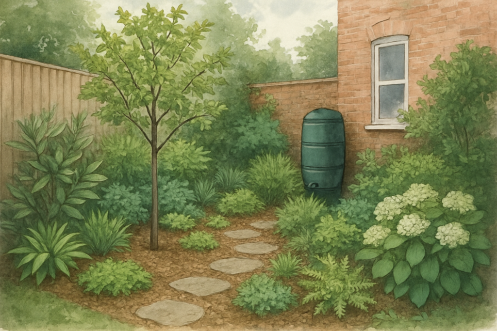 Layered, water-wise urban garden with mulched beds, diverse plants and a rainwater butt collecting from a house roof.
